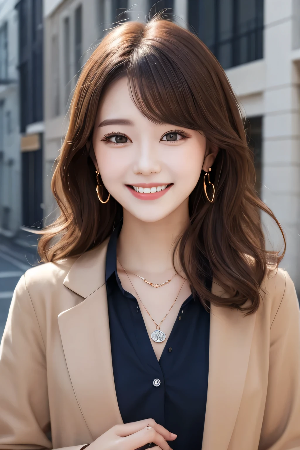 Highest quality, ,smile、Beautiful teeth alignment、Light brown hair、hairstyle semi long、Wavy Hair、Dark eyeliner、Jacket、shirt、ear piercing、necklace,、The background is the building&#39;s corridor.