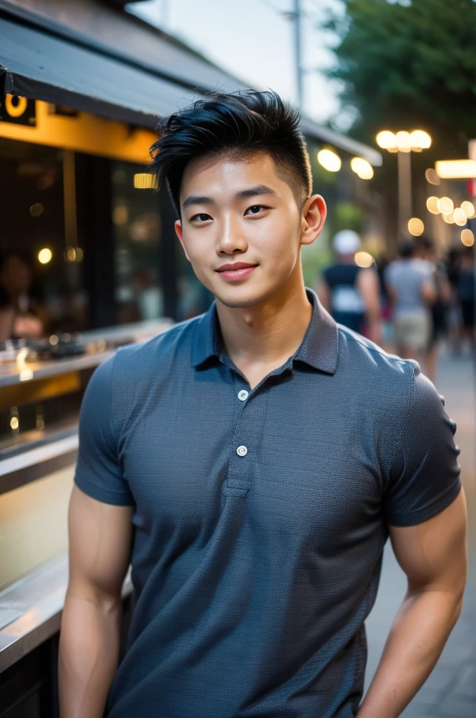 ((realistic daylight)) , Young Korean man in a navy blue polo shirt only, no stripes, and jeans., A handsome, muscular young Asian man looks at the camera.  , in the restaurant ,turn sideways, smile