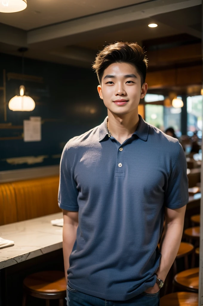 ((realistic daylight)) , Young Korean man in a navy blue polo shirt only, no stripes, and jeans., A handsome, muscular young Asian man looks at the camera.  , in the restaurant ,turn sideways, smile