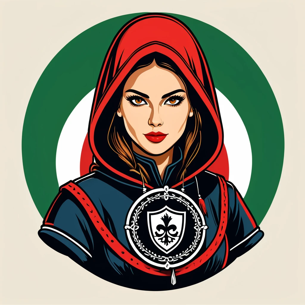 female hacker in italian folk outfit ,vector graphics, strong contours, logo design