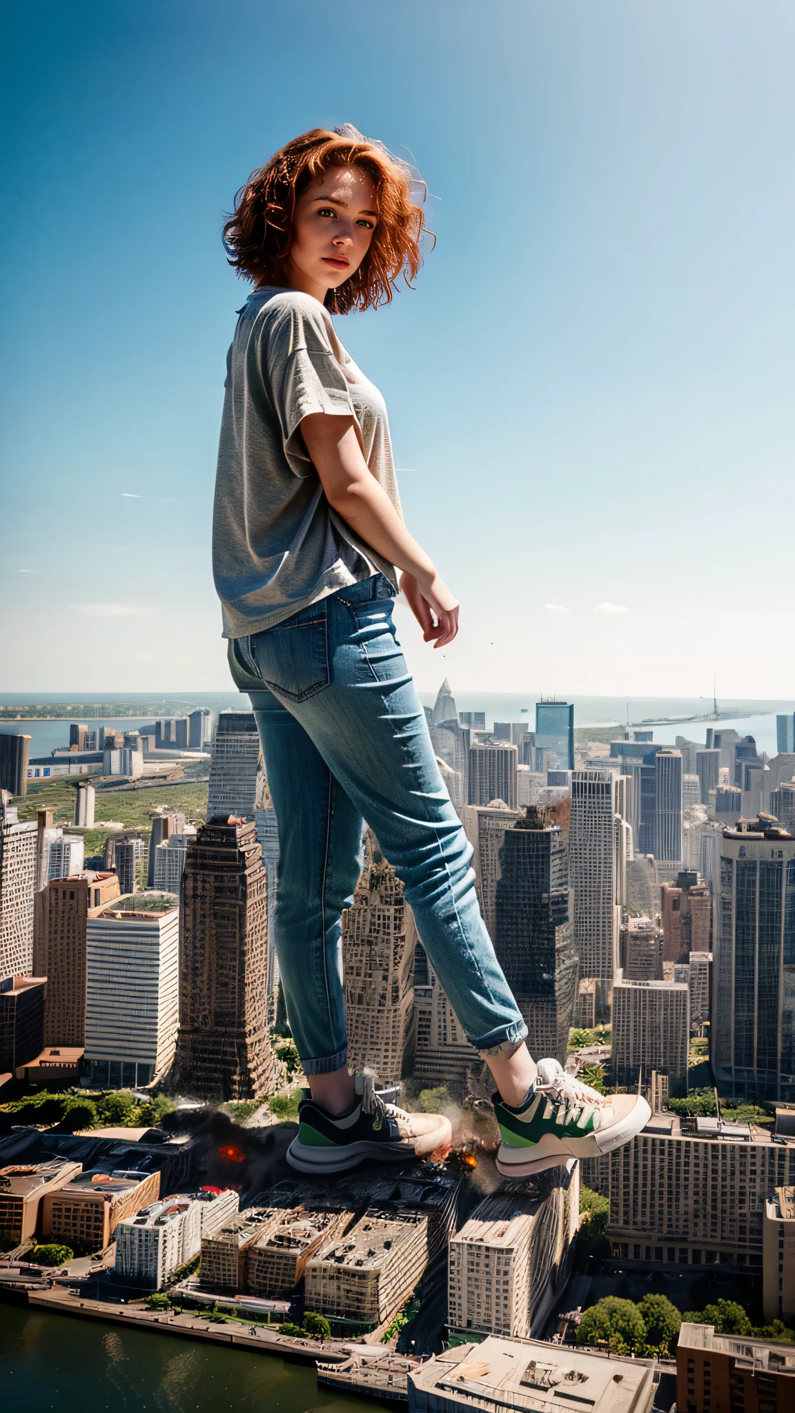 City,one woman, natural irish red hair, curly hair, cute 18 years old, natural makeup, freckles, green eyes, european girl,natural light, giantess, giga giantess, city destruction, sneakers, skyscrapers, city destruction, collapsing buildings, fire, smoke, explosions, dust explosions, gray tint, clear sky