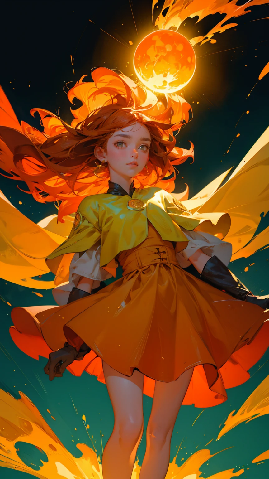 a girl with big eyes and a happy expression is standing on the ground, surrounded by flames, while looking up at an orange sun in the sky. The background behind his head reflects yellow light, and he has green skin. He wears white gloves and holds water droplets under one arm. His mouth opens wide to show sharp teeth. This illustration was created using digital art techniques. It uses bright colors such as reds, yellows, oranges, greens, dark blue, etc., giving it a lively feeling.
