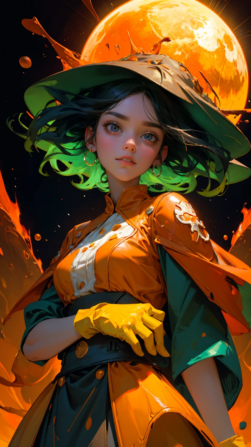 a girl with big eyes and a happy expression is standing on the ground, surrounded by flames, while looking up at an orange sun in the sky. The background behind his head reflects yellow light, and he has green skin. He wears white gloves and holds water droplets under one arm. His mouth opens wide to show sharp teeth. This illustration was created using digital art techniques. It uses bright colors such as reds, yellows, oranges, greens, dark blue, etc., giving it a lively feeling.