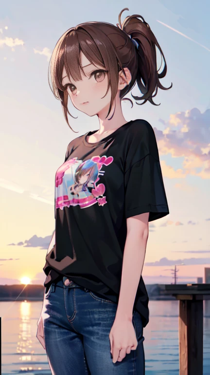 Highest quality, masterpiece, Ultra-high resolution, 8k, Summer sky, early summer, (((Summer clothing)), Show anime style , One, Soft Line Art, Digital Enhancement, shojo anime touch, shojo manga core, Flowing fabric, close, Soft Drawing, Ultra-Definition Digital Anime Art, Clear facial depiction, Super detailed girl cartoon character art, Ultra-detailed manga style, Highest qualityの色,1 female,24-years-old, Brown haired woman,Woman with short ponytail,Clear brown eyes,Body type is slightly chubby,Small breasts,Plain white t-shirt and jeans
