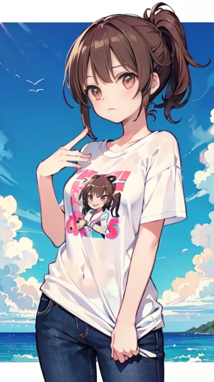 Highest quality, masterpiece, Ultra-high resolution, 8k, Summer sky, early summer, (((Summer clothing)), Show anime style , One, Soft Line Art, Digital Enhancement, shojo anime touch, shojo manga core, Flowing fabric, close, Soft Drawing, Ultra-Definition Digital Anime Art, Clear facial depiction, Super detailed girl cartoon character art, Ultra-detailed manga style, Highest qualityの色,1 female,24-years-old, Brown haired woman,Woman with short ponytail,Clear brown eyes,Body type is slightly chubby,Small breasts,Plain white t-shirt and jeans