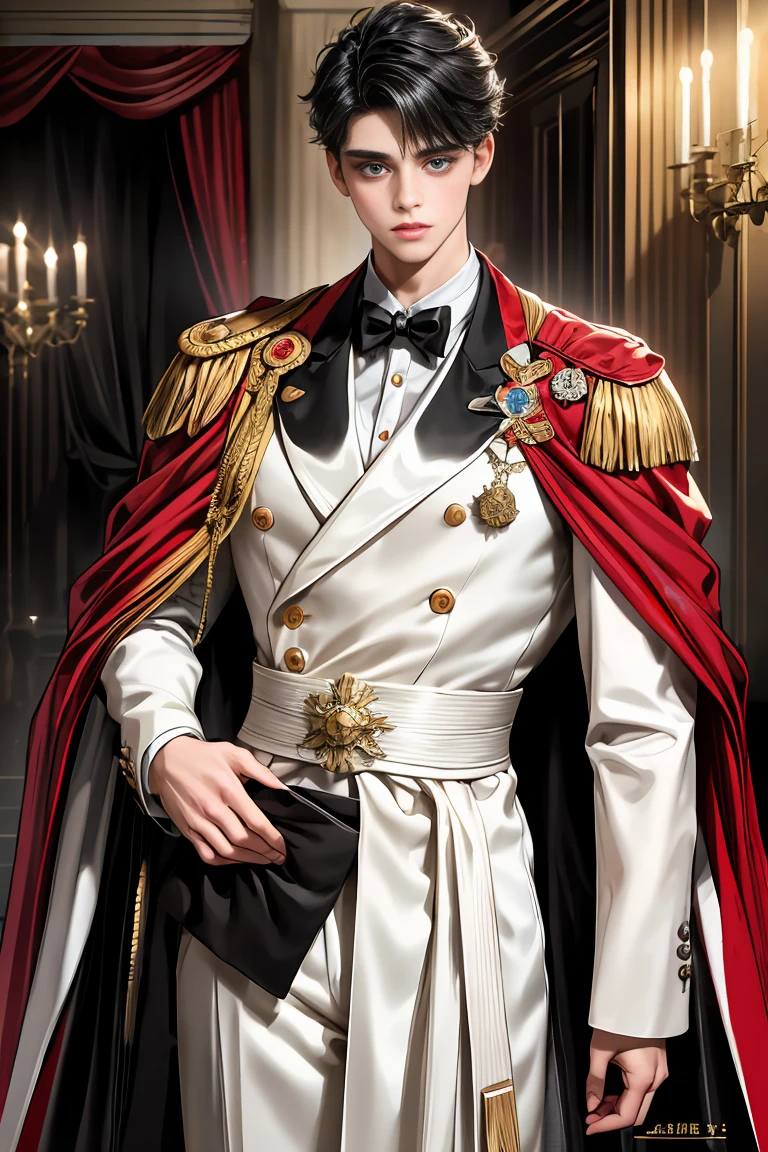 masterpiece, 最high quality, high quality, 1 boy, alone, Male focus, Watching the audience, Messy black hair, Adorable big blue eyes, White, Noble, Noble,A sexy, voluminous, puffy cape、tuxedo、A very voluminous, large, very large, very large, long, long red and black cape with a high stand-up collar, made of a lot of fabric that reaches down to the floor., 17 years old,Cute beautiful boys,Cute, cute, kind, handsome guy