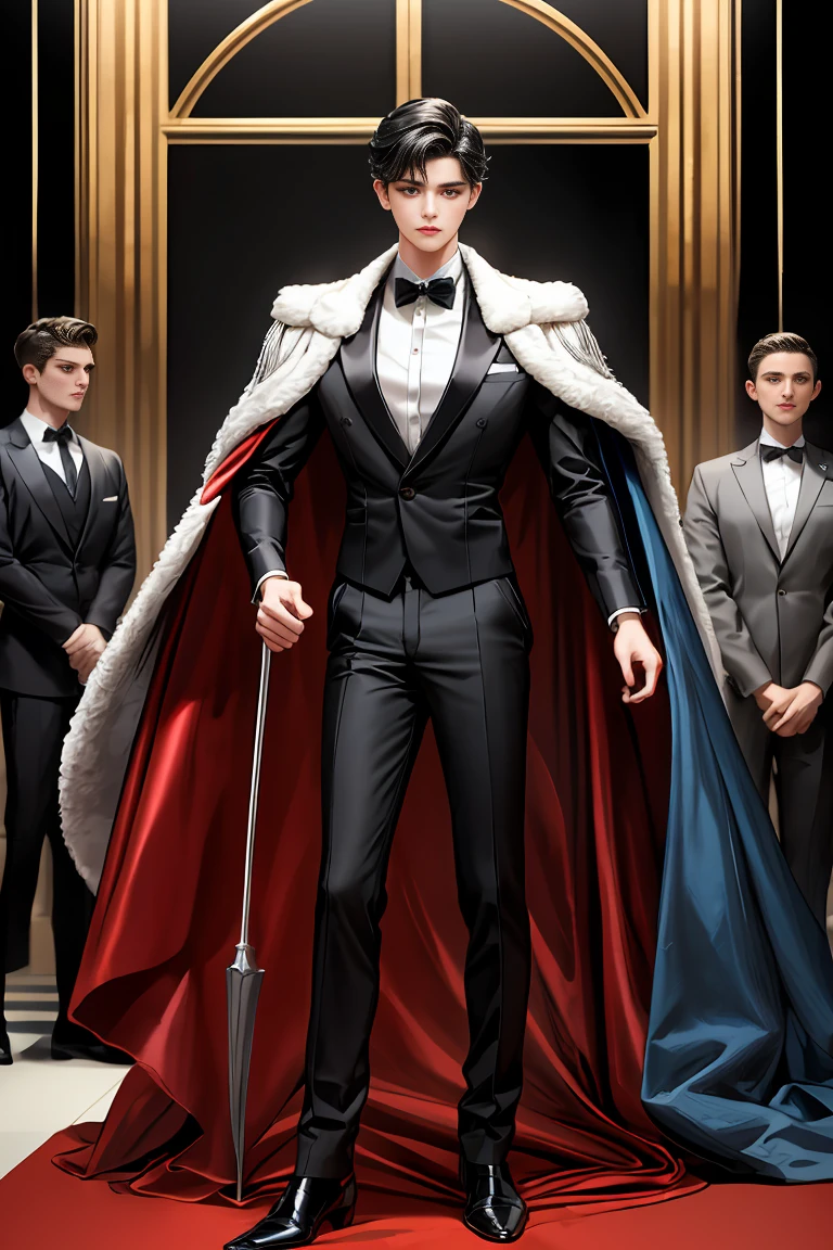masterpiece, 最high quality, high quality, 1 boy, alone, Male focus, Watching the audience, Messy black hair, Adorable big blue eyes, White, Noble, Noble,A sexy, voluminous, puffy cape、tuxedo、A very voluminous, large, very large, very large, long, long red and black cape with a high stand-up collar, made of a lot of fabric that reaches down to the floor., 17 years old,Cute beautiful boys,Cute, cute, kind, handsome guy