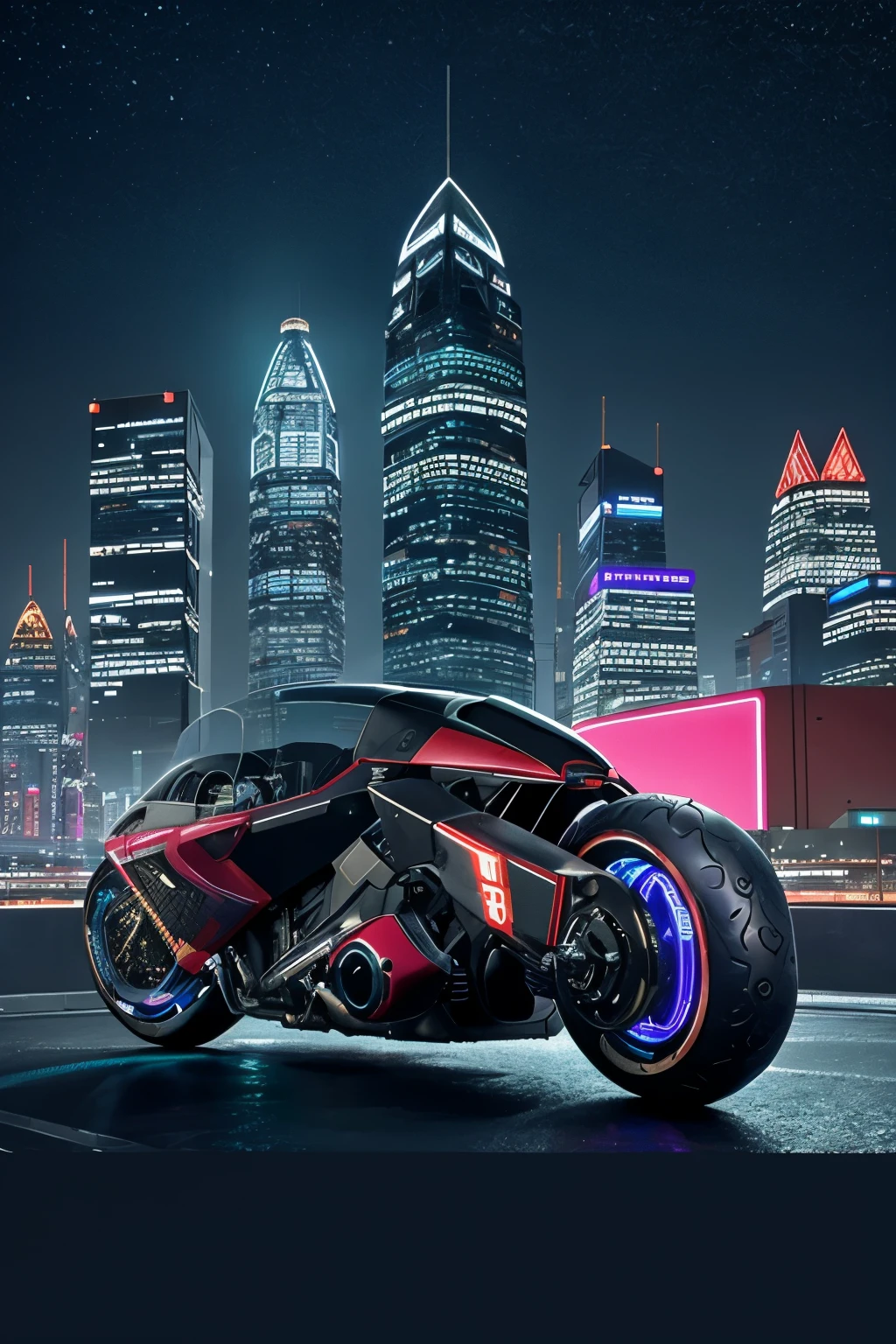 In the heart of a dystopian future, a sleek motorcycle soars through the night sky, defying gravity with its innovative none-wheel design. This high-technology cyberpunk masterpiece is a testament to advancements in futuristic engineering, its body glowing with neon lights against the dark tone of the cityscape. The background is alive with holographic advertisements and towering skyscrapers, each structure displaying a unique blend of traditional architecture and futuristic aesthetics. The overall atmosphere is gritty and edgy, setting the stage for an unforgettable scene that showcases this flying motorcycle's cyberpunk style.