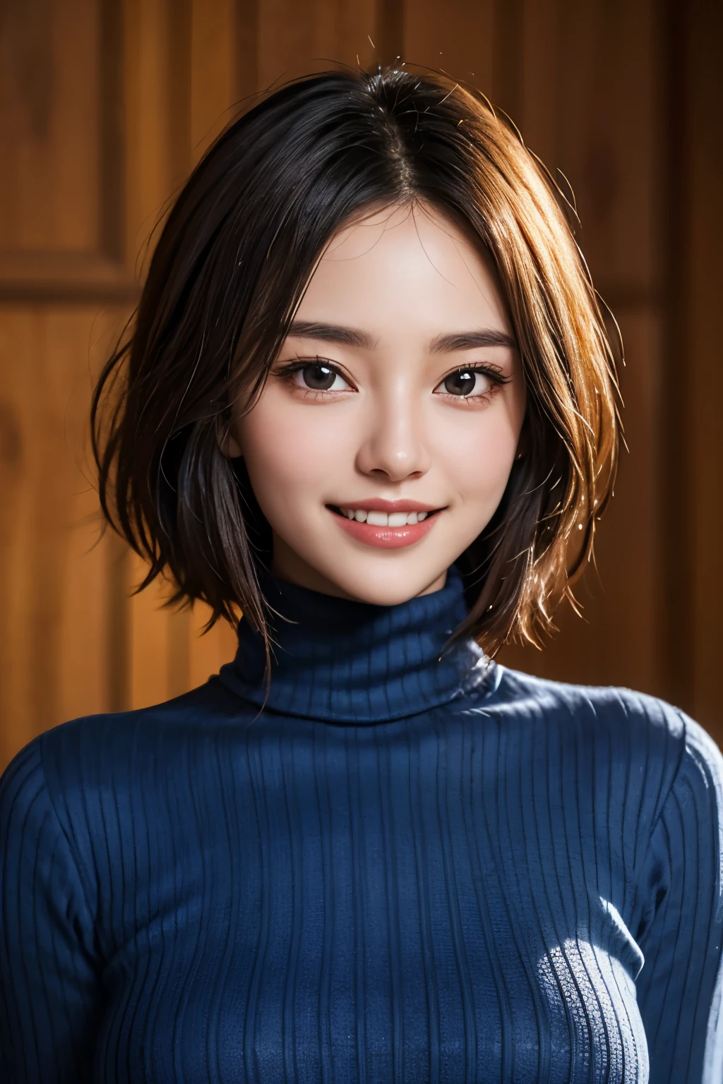 ((masterpiece)), ((Highest quality)), ((Complex)), ((Surreal)), (Realistic), (Mature Woman), ((There are no classes)), Very detailed, (1 female), Beautiful and exquisite, (Beautiful Teeth), Grin, Brunette Bob Hair, Brown eyes, ((Blue turtleneck)), (Upper Body), (background:none), Perfect Eyes, Captivating eyes, Looking at the audience