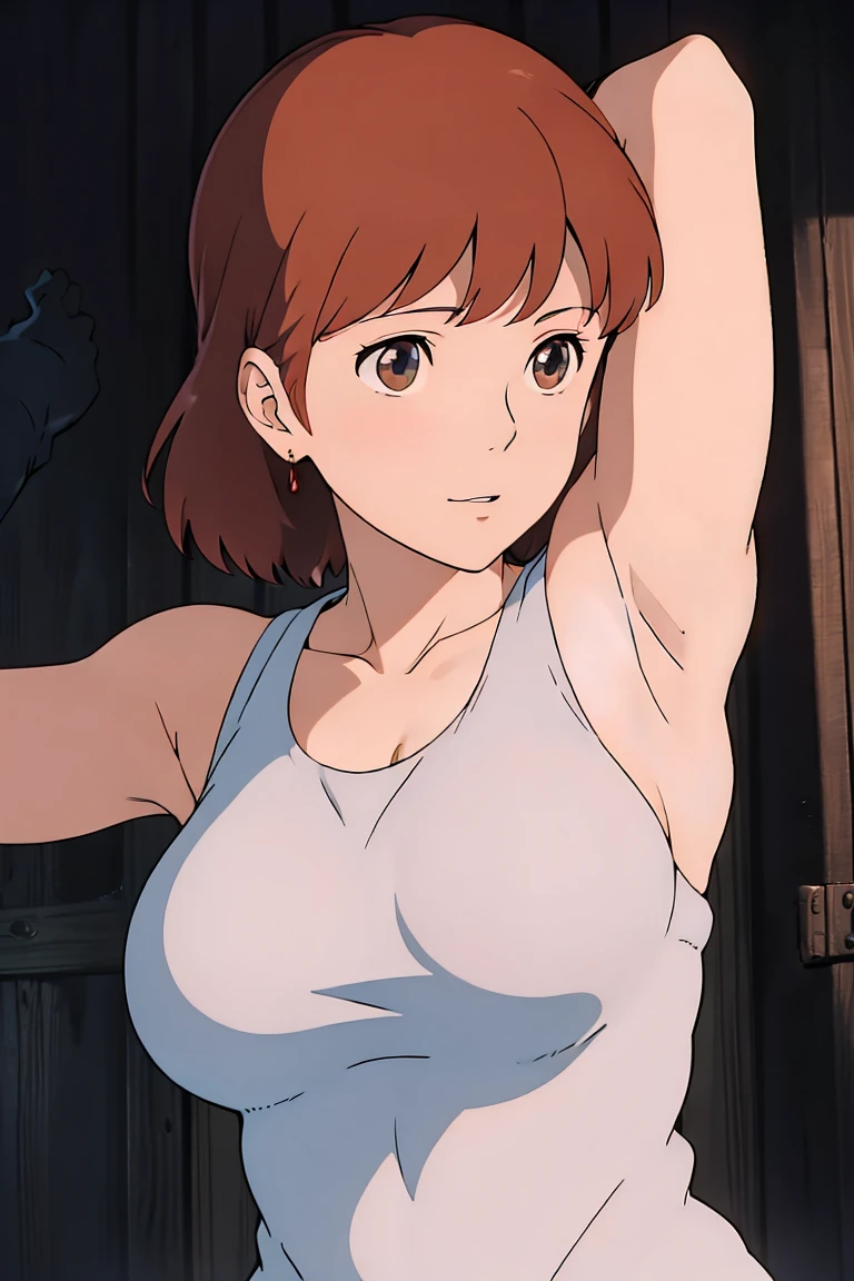 Browsing Caution,(masterpiece, Highest quality, High resolution, Anime screenshots, Anime Color, 8k, Realistic), Nausicaa, woman, mature woman, wife, alone, Brown Hair, (Looking at the audience), Huge breasts, Cleavage, (White tank top), Upper Body, forest, (Perfectly detailed anatomy, Beautiful and elaborate face&eye:1.5, Glowing Skin, Perfect body)、Erect nipples、I want to see up to my knees、(Put your arms behind your head、Both armpits are fully visible)