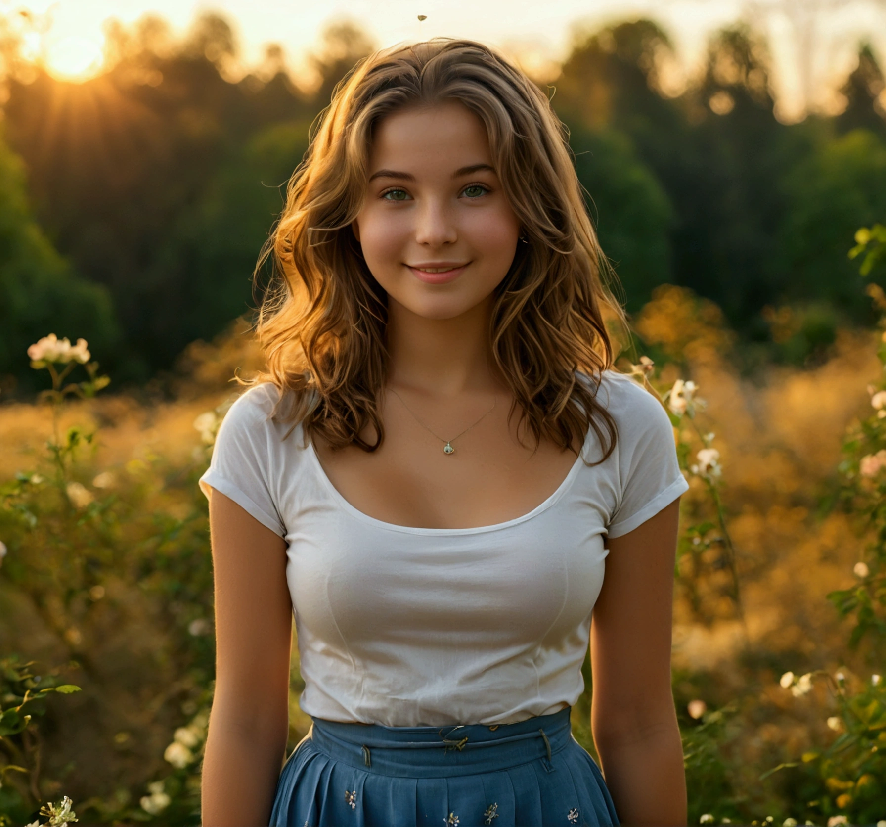 Ultra-realistic photograph of an 18-year-old girl with shoulder-length light brown hair and a curvy figure. His face has a square shape, with clear skin and visible texture, showing realistic details such as pores and slight imperfections. He has expressive green eyes and is smiling softly with a serene expression.. She wears a tight white t-shirt and a long blue skirt.. It is standing in a natural environment, with a slightly out of focus background of trees and flowers, creating a bokeh effect. The lighting is soft and warm, evoking the golden light of the sunset. The posture is relaxed, with both hands on the hips, highlighting her curvy figure.
porn