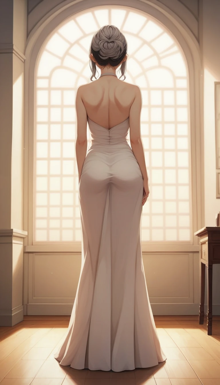 (Highest quality,8k,masterpiece:1.2),Very detailed,One Girl, Gray two-tone hair,dress,Long skirt,Beautifully detailed face, Complex,Dramatic lighting,4K,Detailed Background,Caustics,Portraiture,Full Body Shot,Looking at the audience,Rear view, Her butt is nice and round、The curve is clear, Beautiful lighting enhances the overall atmosphere. Full Body Shotで彼女を魅力的に見せましょう.