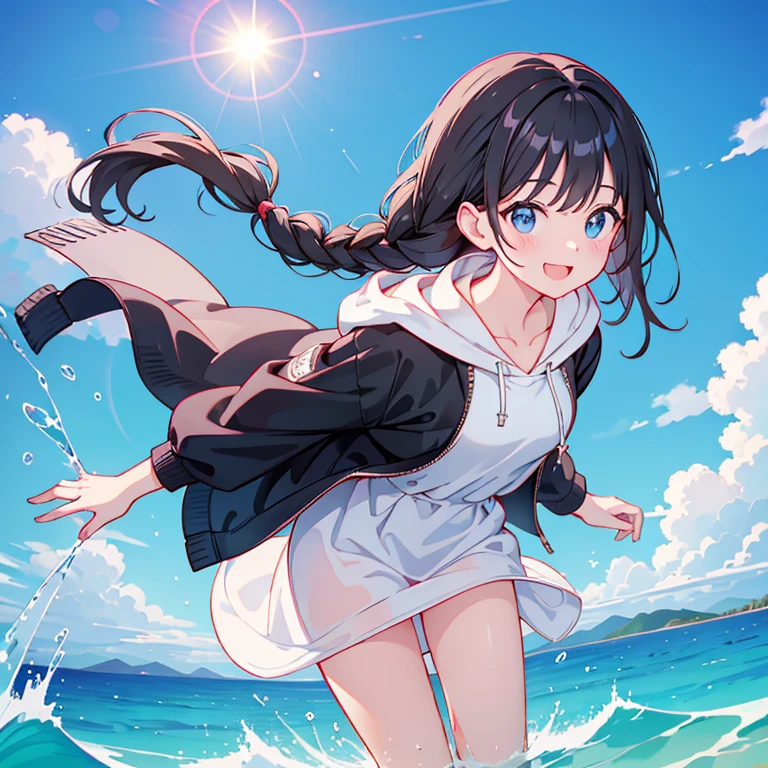 8ars old　El smile　a sailor suit　Sea in the countryside in summer　Standing on the beach　The wind is blowing　The skirt is rolled up　White panties are visible