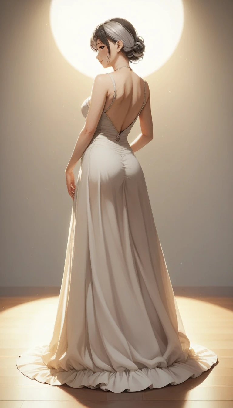 (Highest quality,8k,masterpiece:1.2),Very detailed,One Girl, Gray two-tone hair,dress,Long skirt,Beautifully detailed face, Complex,Dramatic lighting,4K,Detailed Background,Caustics,Portraiture,Full Body Shot,Looking at the audience,Rear view, Her butt is nice and round、The curve is clear, Beautiful lighting enhances the overall atmosphere. Full Body Shotで彼女を魅力的に見せましょう.