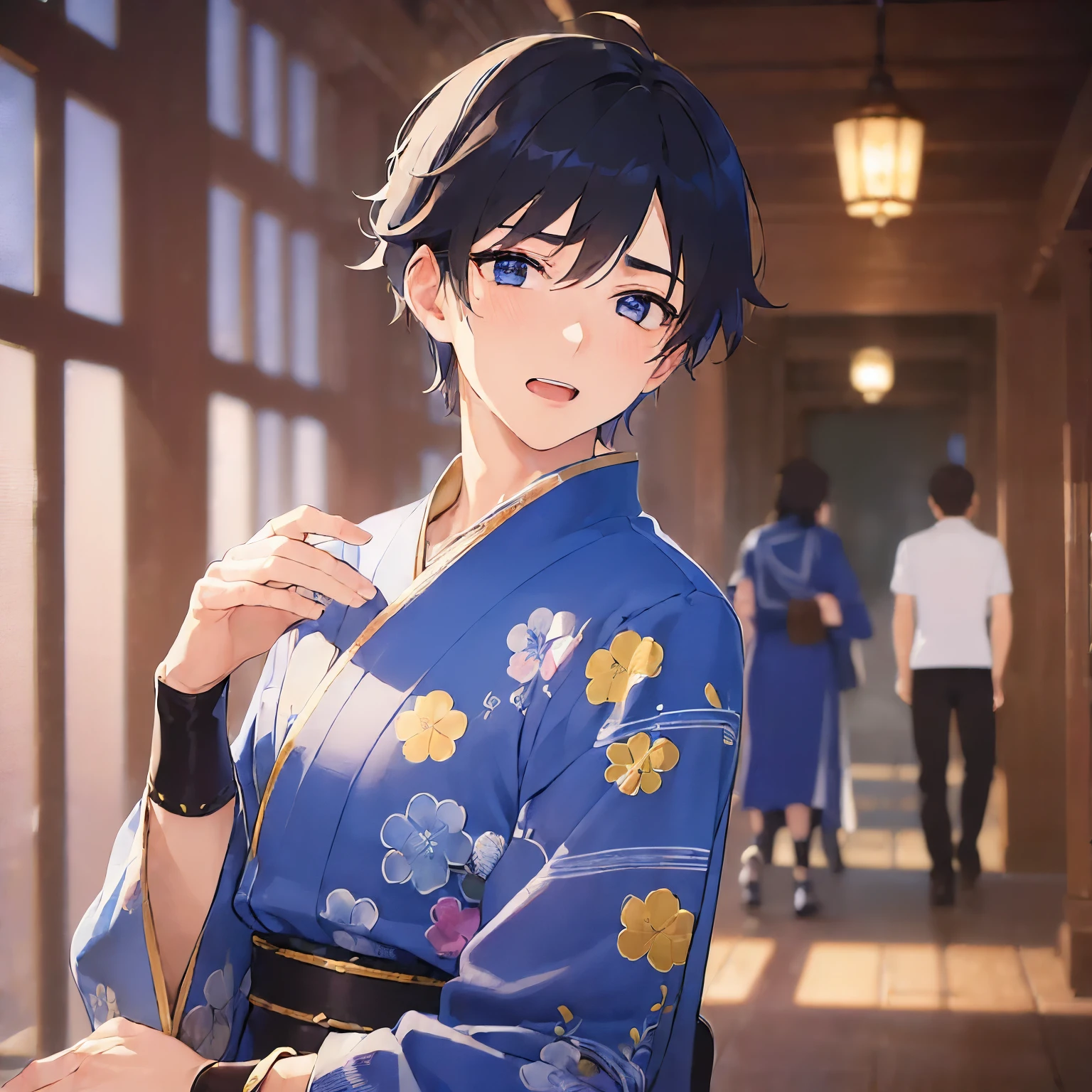 (25-year-old male:2) and(Black short hair) and (blue eyes), (looking away:1.5), upper body、reach out、Side shot、
masterpiece、Highest quality、
(Blue) and (yukata),(flustered:1.5),open mouth,The background is a Japanese-style corridor at night,