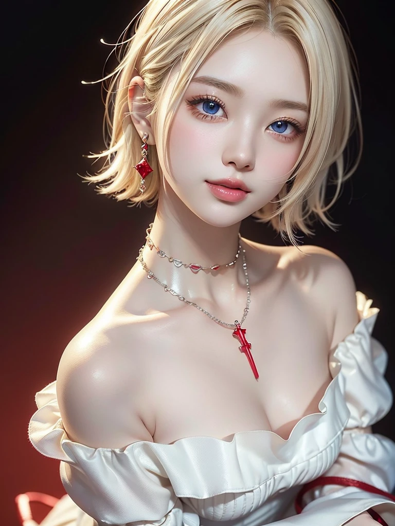 8k,Confused, High resolution, Very detailed, 1 girl, alone, Very beautiful eyes, Ultra-precise depiction, Artistic、Very detailed depiction, (Tangled:1.2), , (White high key background:1.5), (((Red off-shoulder dress 1.5))), 、 short hair、Earrings and Necklaces、Platinum Blonde Hair, (Glowing Skin), Many colors, , (Shooting from above:1.2),、Flat Body、slim、cute、、Round face、Cast a Shadow、、Smile 1.3