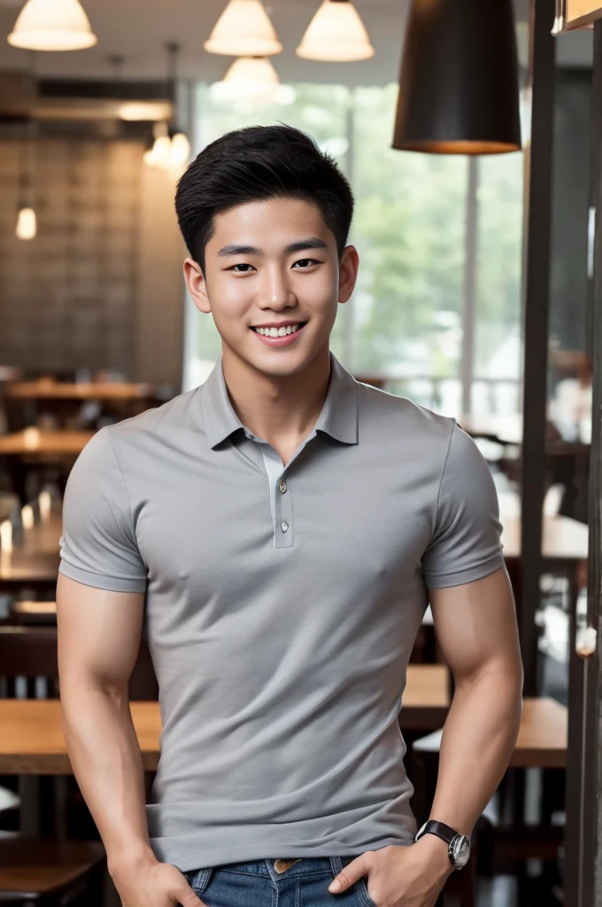 ((realistic daylight)) , Young Korean man in only a gray polo shirt, no stripes, and jeans., A handsome, muscular young Asian man looks at the camera.  , in the restaurant ,turn sideways, smile