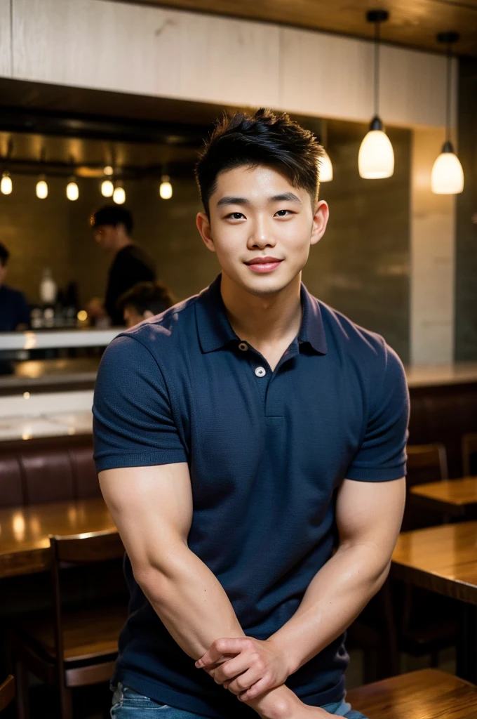 ((realistic daylight)) , Young Korean man in a navy blue polo shirt only, no stripes, and jeans., A handsome, muscular young Asian man looks at the camera.  , in the restaurant ,turn sideways, smile