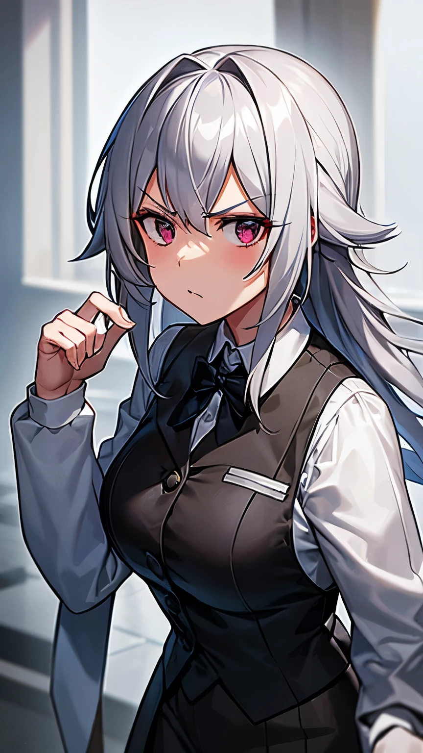 1girl, silver hair, lab mask, vest, big size, formal, villain, angry