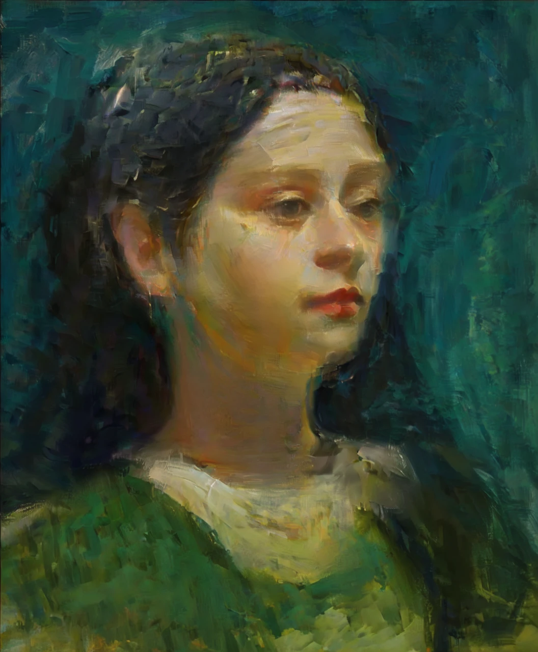 Oil portrait of a young woman, academic painting, bold brush strokes