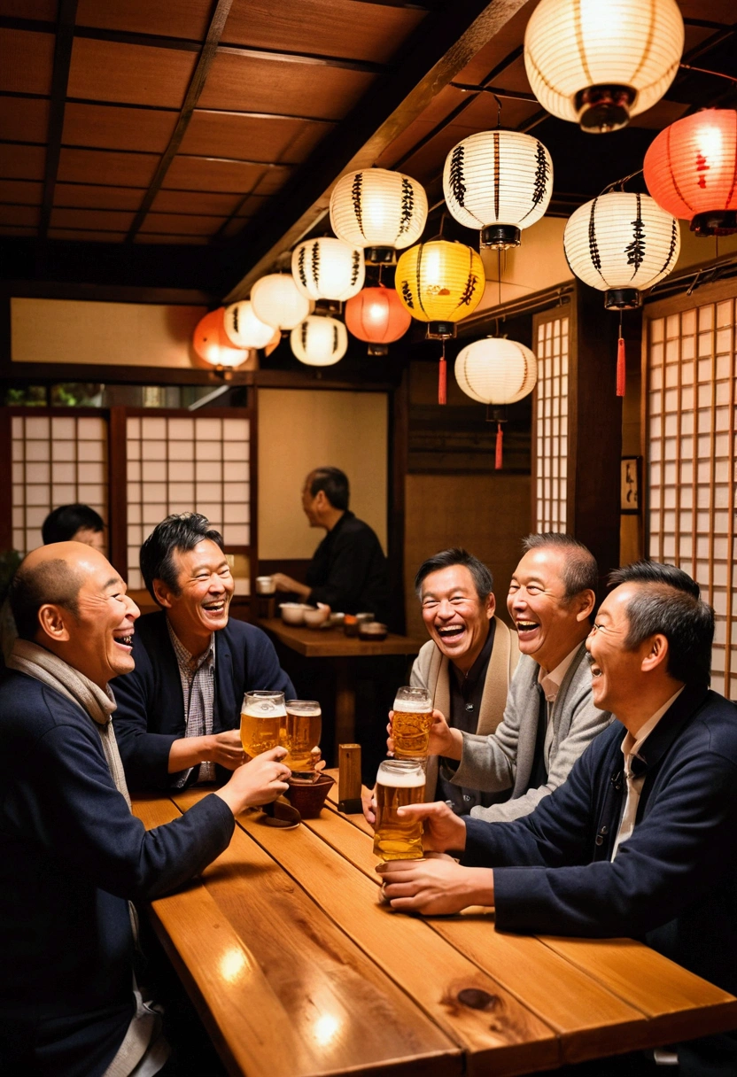 A lively izakaya scene with many middle-aged men, each holding a beer, engaged in cheerful conversation. The atmosphere is warm and inviting, with traditional Japanese decor, wooden tables, and lanterns casting a soft glow. The men are laughing and talking animatedly, enjoying their drinks and each other's company.