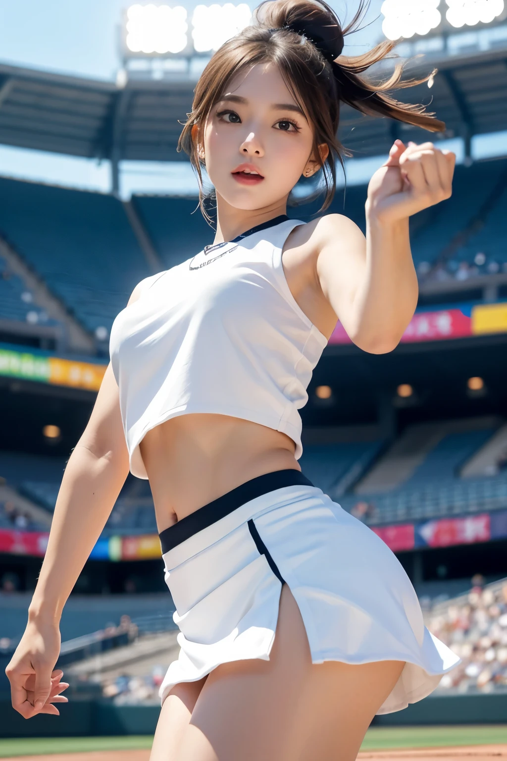 23-year-old Korean celebrity , matured and sexy, medium round breasts, cleavage, Breastbone, cheerleader, white cheerleader outfit, (short skirt flying), (panty exposed), arms up, full body, Eyes with beautiful details, eyeslashes, beautiful double eyelids, Eyeshadow, Slit eye, perfect eye makeup, seductive smile smugly, Beautiful thin legs, light blonde, bob cuts, pony-tail, various hairstyles, earings, Stand in the baseball arena at night, Underwear visible, award winning photography, bokeh, NSFW,