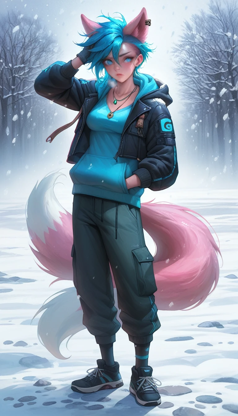blue hair, league of legend:1.3, sexy for, wallpapers, detailed eyes, fox ear, (fox tails), Warm clothing, dynamic poses , (long pink fur), medium breasts, Looking at_Shown in_Looking atl espectador, ((snowy background and scenery, Warm clothing, cold, snowing:1.5)), short_Hair, gloves, fail, Blue_there are eyes, Eternal, full_body, weapon, Footwear, Necklaces, negro_gloves, pulp, hooded, Hair_overcome_Yoon_there are eyes, cultivator_above, hoodie, negro_pants, sneakers, cut_Jacket, cyber punk character, cut_hoodie, ((anatomically perfect:1.5))