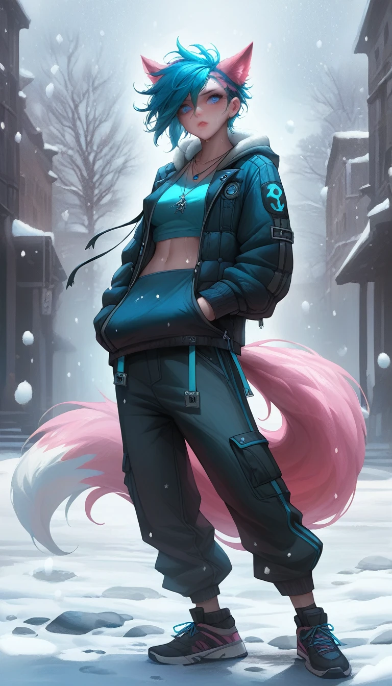 blue hair, league of legend:1.3, sexy for, wallpapers, detailed eyes, fox ear, (fox tails), Warm clothing, dynamic poses , (long pink fur), medium breasts, Looking at_Shown in_Looking atl espectador, ((snowy background and scenery, Warm clothing, cold, snowing:1.5)), short_Hair, gloves, fail, Blue_there are eyes, Eternal, full_body, weapon, Footwear, Necklaces, negro_gloves, pulp, hooded, Hair_overcome_Yoon_there are eyes, cultivator_above, hoodie, negro_pants, sneakers, cut_Jacket, cyber punk character, cut_hoodie, ((anatomically perfect:1.5))