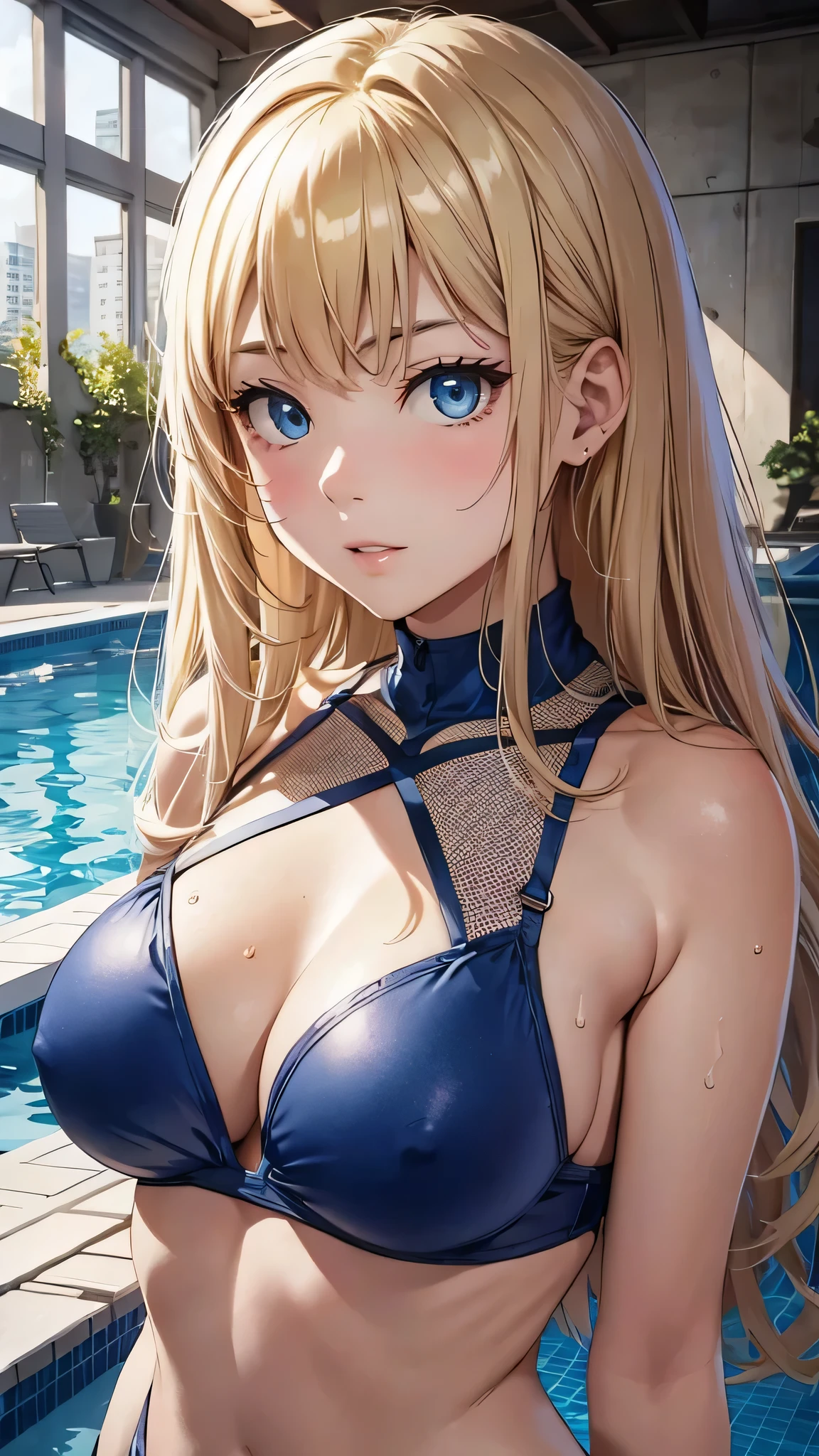 最high quality、Best image quality、masterpiece、With a girl((cute、16 years old、Best Bust、Medium Bust、Beautiful Blue Eyes、Spread your chest wide,blonde、thin、Highest Valley、Blue tattered bikini,Show your whole body、Blue Mesh,swim,Embarrassed face、shame)）high quality、Beautiful art、background((night、Daylight Saving Time、Pool facilitieany people々々、Leisure facilities)),Tabletop、Exquisite design、Visual Arts、Written boundary depth、Best lighting、Highest detail、8ｋ