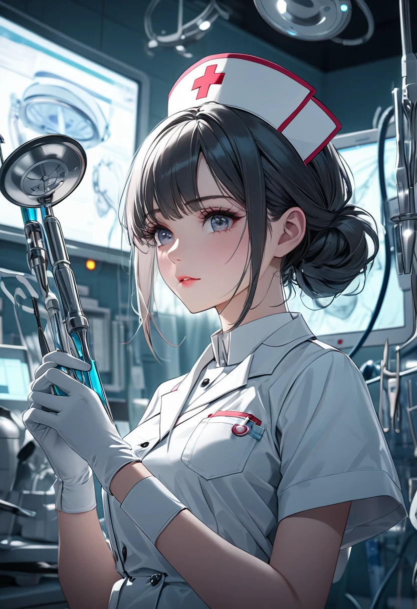 The perfect anatomical structure of a young and beautiful female nurse,Wearing a white coat,Wear medical gloves,Wearing a nurse's hat,in the operating room,Hands holding surgical tools. There are many medical surgical instruments in the background. Complex style work with large depth of field and cinematic processing., Cinematic mood lighting creates dramatic effect Highly detailed structure digital art, high detail, High quality animation style