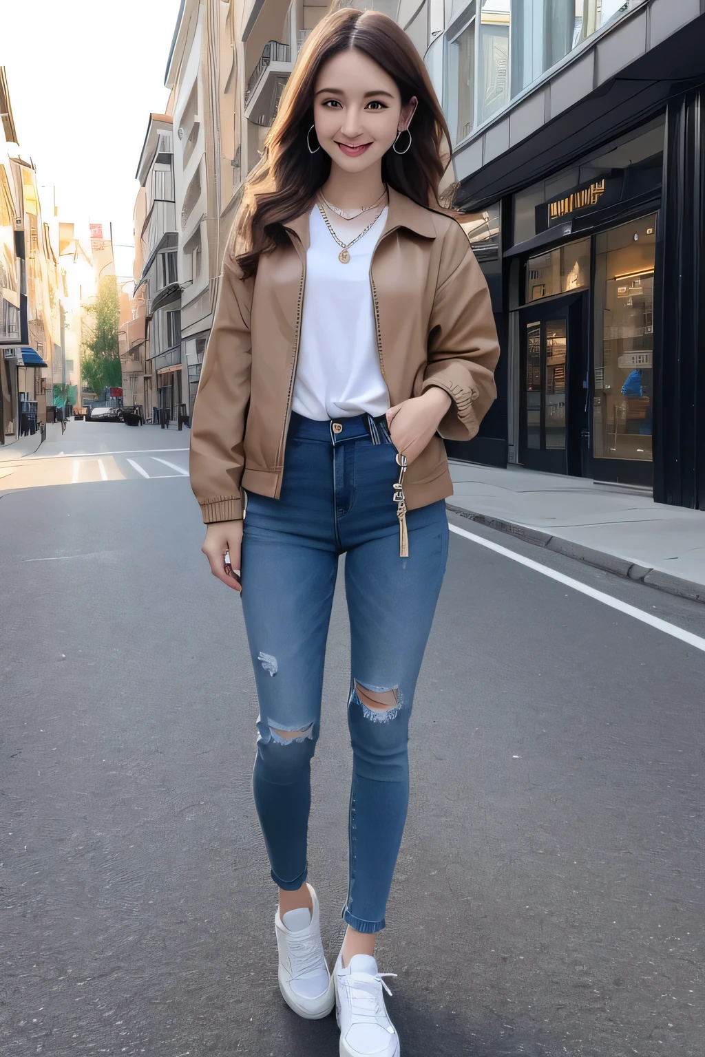 Highest quality,Woman Standing In The Street、Full body photo 、Head to toe、,smile、Beautiful teeth alignment、Light brown hair、hairstyle semi long、Wavy Hair、Dark eyeliner、Jacket、shirt、Skinny jeans、sneakers、ear piercing、necklace,、The background is the building&#39;s corridor.