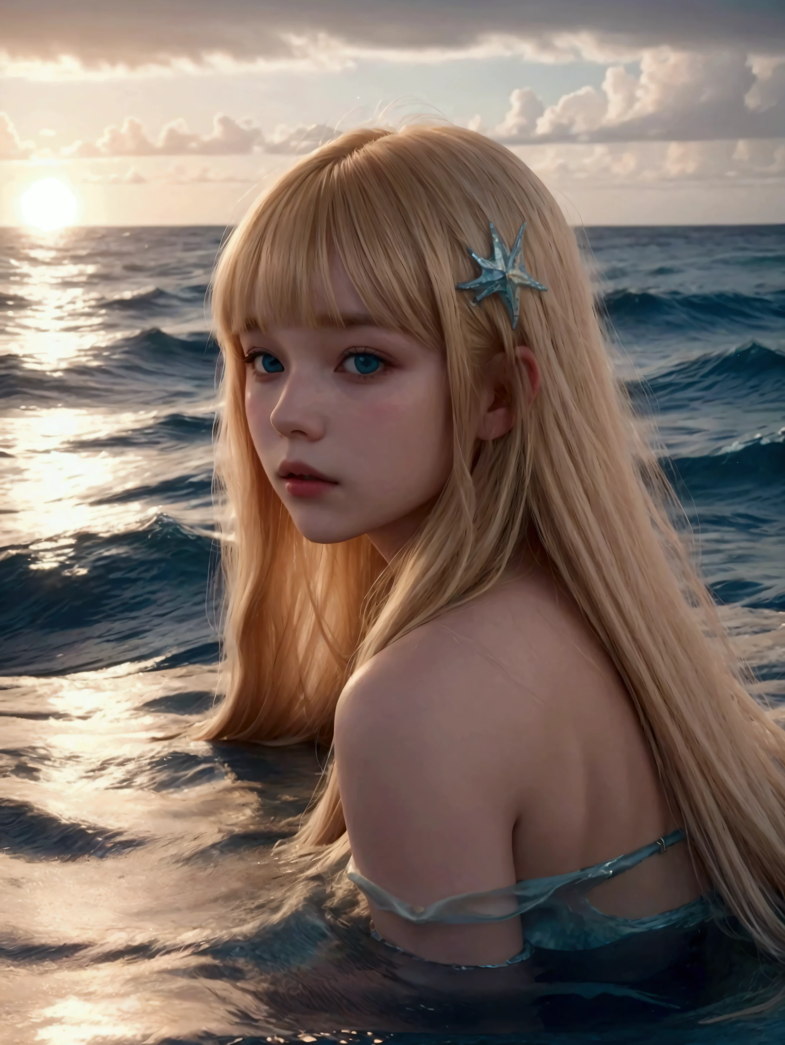 A girl with long blonde hair, short bangs, she is in the middle of the sea waves, Its beauty is stunning, She has a mermaid aesthetic, facefocus,  best qualityer