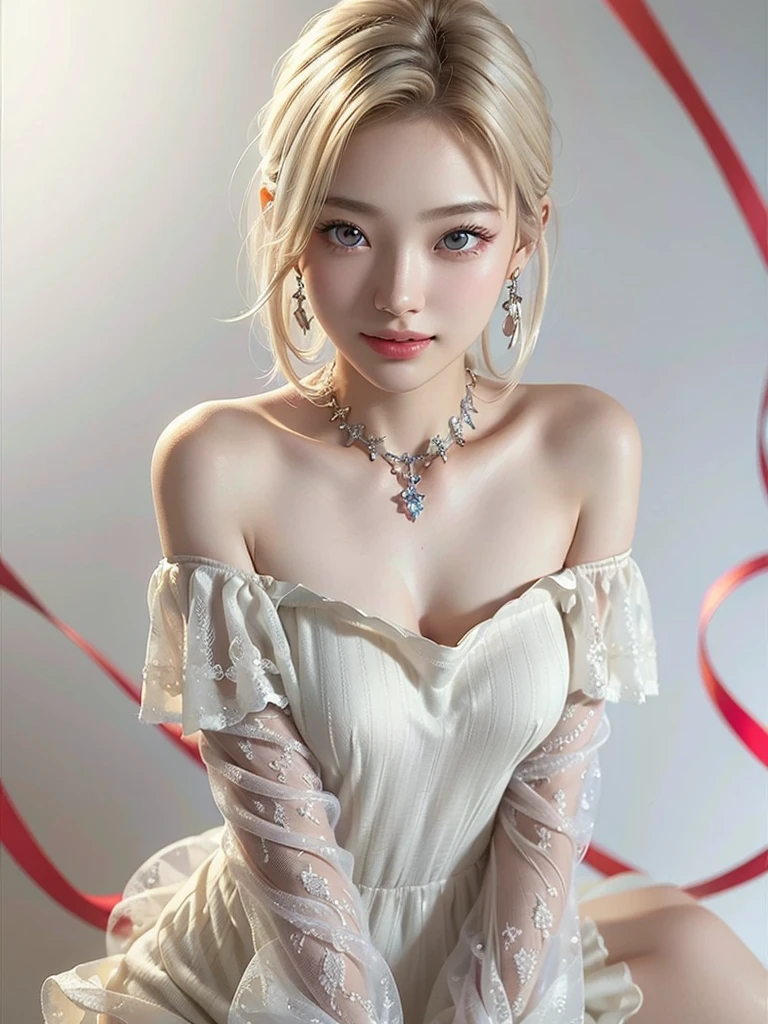 8k,Confused, High resolution, Very detailed, 1 girl, alone, Very beautiful eyes, Ultra-precise depiction, Artistic、Very detailed depiction, (Tangled:1.2), , (White high key background:1.5), (((Red off-shoulder dress 1.5))), 、 short hair、Earrings and Necklaces、Platinum Blonde Hair, (Glowing Skin), Many colors, , (Shooting from above:1.2),、Flat Body、slim、cute、、Round face、Cast a Shadow、、Smile 1.3