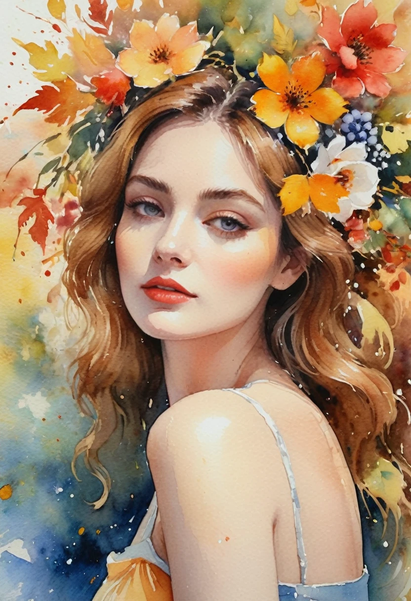((Masterpieces with up to 16K resolution):1.6), ((Intricate details):1.4), ((Very crazy details):1.4),((Highest quality):1.3),((Soft-colored 4K high-definition digital art):1.3). | (((watercolor:1.5))), ((watercolor painting):1.4), ((Paintings of Women by Agnes Cecil):1.3), ((Flowers):1.4), ((Bright design):1.3), ((Autumn Light):1.1), Gouache with Intricate detailss, pastel colour, Drops of ink, Fine brushwork has been improved, Careful brushwork creates a sense of atmosphere, Utilize delicate yet powerful brushwork techniques, Create an enchanting atmosphere. Very fine gouache, ((Unmatched clarity and clarity):1.1), ((Radiosity rendered in astonishing 32K resolution):1.3), All in sharp focus.