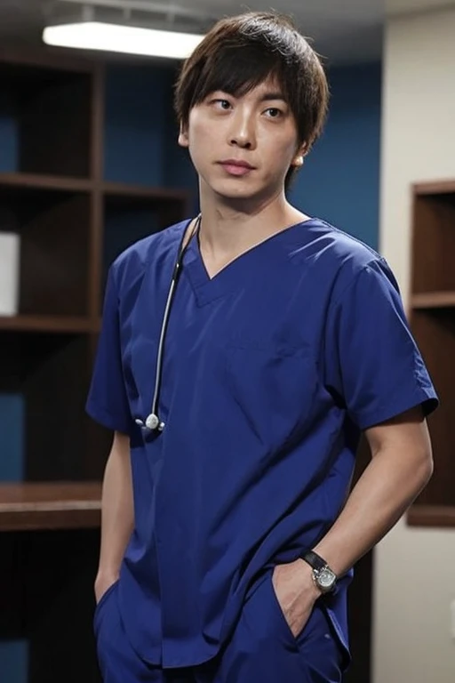 male, alone, short hair, (male性看護師), Short sleeve, (Medical scrub), Blues Club, Stylish scrubs, blue outfit, Nameplate, Stethoscope, (hospital), Professional Attitude, Smart Watches,