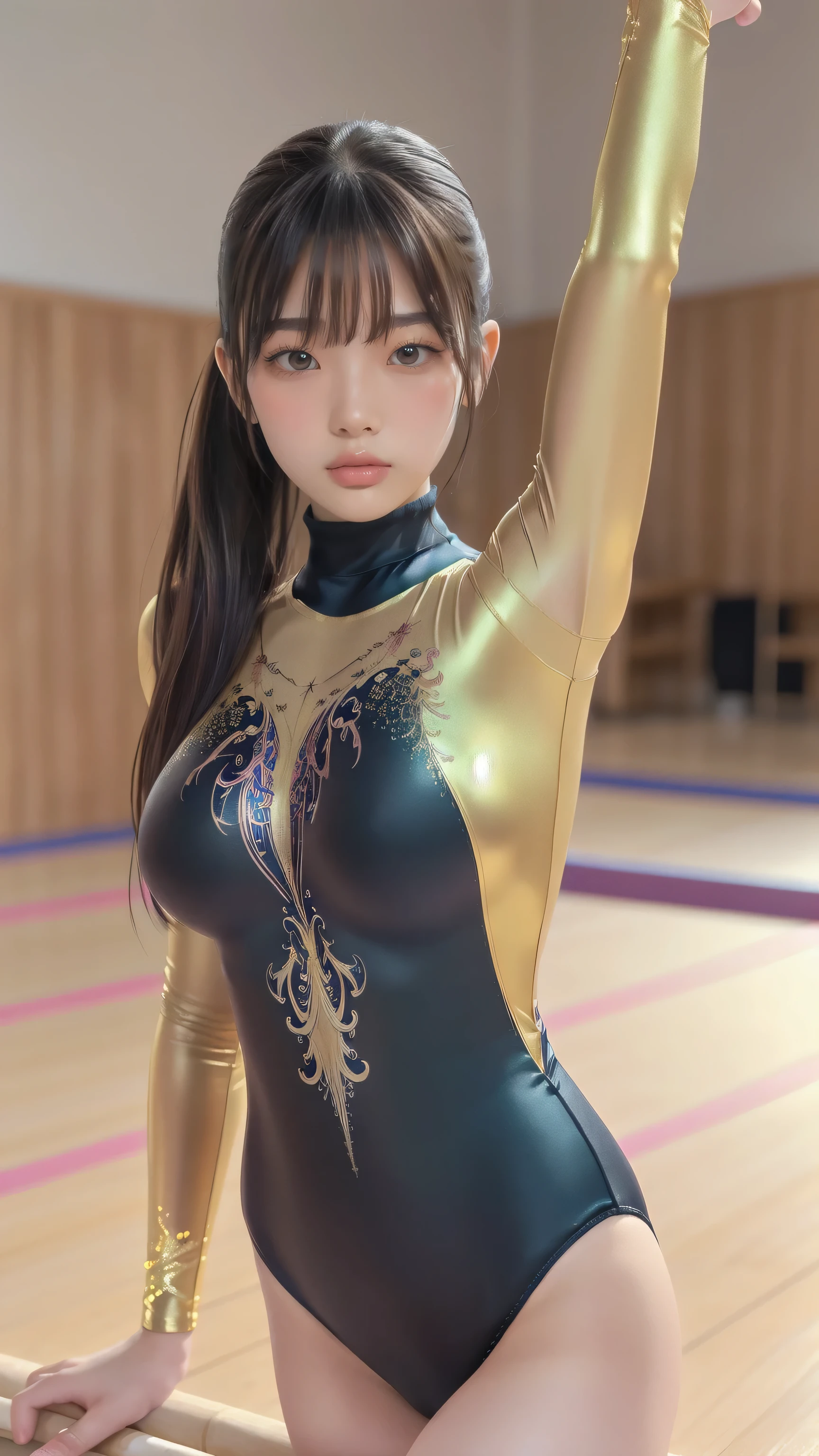 ((indoor, 新Gymnastics Venue, Gymnastics Venue:1.3)), (Highly detailed skin, Beautiful realistic face, White skin, Pointed Chest, Small nipples, Accurate anatomy, Realistic eyes, Natural Eyes, Brown eyes, Accurate eye focus, Accurate limbs), (Hyper Realist, ultra-realistic, 4K, Attention to detail, Ultra-high resolution, Highest quality, masterpiece, Presence, dynamic, Uplifting, bold, Sharpness), (Thinning hair:2, Soft Hair:2, Straight hair:1.5, Long, slicked bangs, Light copper amber hair, Hair on one eye, Twin tail hair), (Female gymnast, Detailed costume, Wearing a long sleeve leotard:1.5), Shiny long sleeve leotard, Metallic colors long sleeve leotard, Racing long sleeve leotard, Gymnastics Long Sleeve Leotard, ((High leg long sleeve leotard, Long sleeve leotard with crystal embellishment)), ({Metallic red color| Metallic purple color| Metallic white color| Metallic navy color| Metallic pink color| Metallic gold color| Metallic silver color| Metallic black color| Metallic colors}Long sleeve leotard colors), (Big Breasts:1.5), Tall, Elongated arms and legs, Small waist, Small hips, ((On all fours, Doggy style, I'm sticking my butt up, Sticking out her butt)), Accentuate your buttocks, The long-sleeved leotard is digging into her butt, Full body portrait, Put your chest close, Emphasize the chest, Looking into the camera, smile, barefoot, (Underhair does not grow),