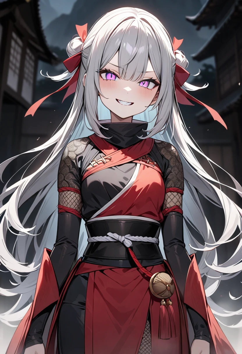 (masterpiece, top quality, very aesthetic, 4k、illustration), intricate detail, 1woman,Standing 、(upper body)、(),Cute 、evil smile、Random Hair Color、,middle hair,sidelock ,Random Color　eyes、ninja clothes、small breasts、Slim 、