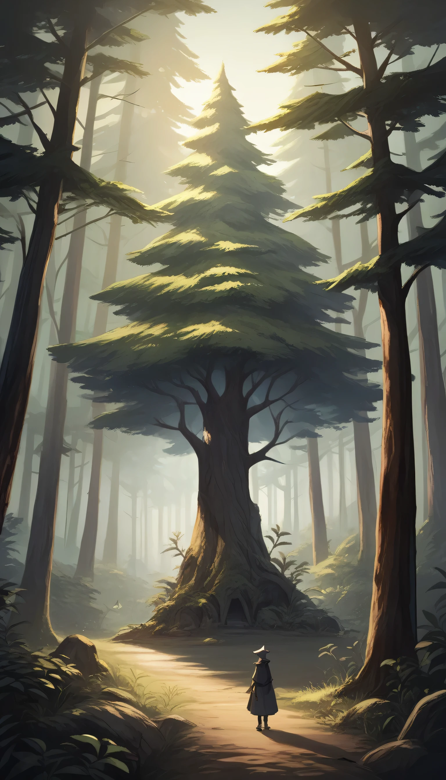 score_9, score_8_up, score_7_up, score_6_up, score_5_up, score_4_up, BREAK source_anime,rating_save , The girl wanders in the witch's forest, surrounded by tall pine trees and dim lights.