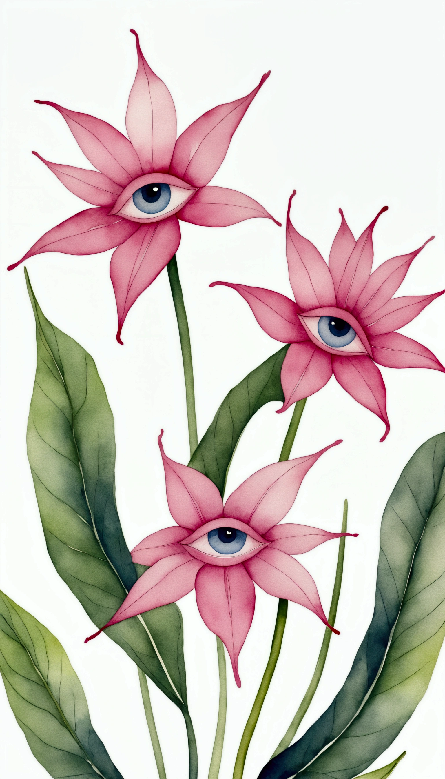 Bizarre plants,(((eye:1.37))),pink,Neat line drawing,watercolor,Elegant colors,vintage style petal meridians