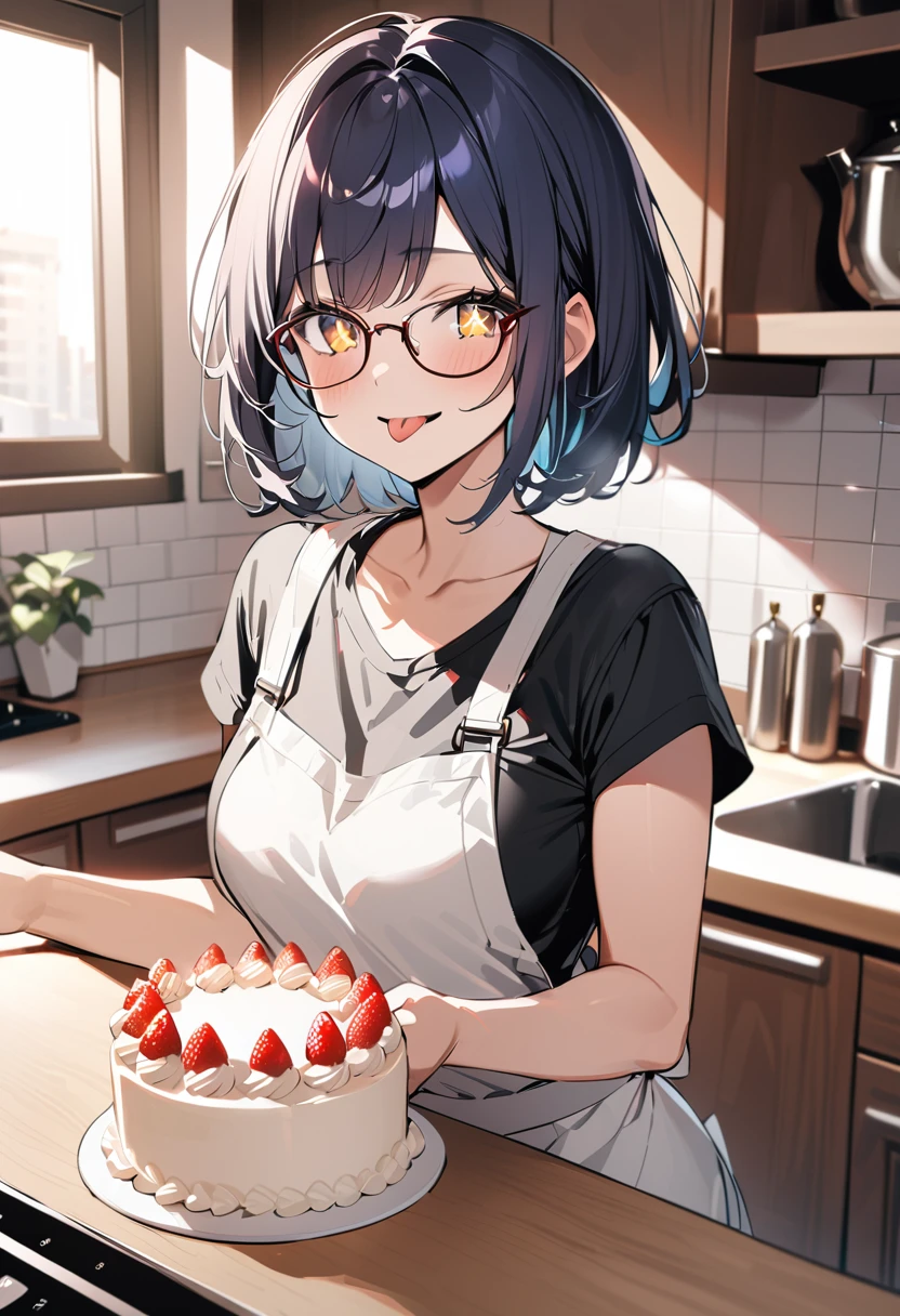 ((Highest quality)), ((masterpiece)), 1girl,bob cut,sparkling eyes,(put your tongue out with a smile:1),apron,t-shirt,kitchen,holding cake,glasses,