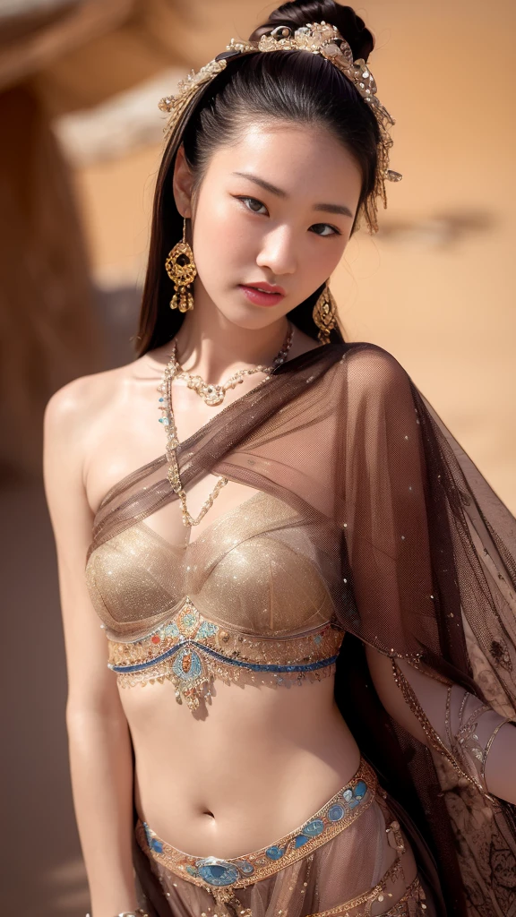 Masterpiece, (best quality: 1.3), super high resolution, original photos, detailed skins, beautiful lighting, (realistic, realistic: 1.4), 1girl, Dunhuang, Gobi Desert