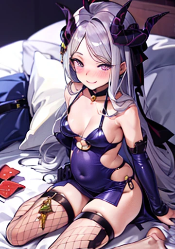 anime girl in green dress sitting on a bed 1girl, Glowing Skin, othersba, others_(green_archive), horn, Hello, jewelry, Earrings, Purple eyes, Silver Hair, Very long hair, Mischievous Smile, blush, green dress, green latex, clavicle, (Waist cutout), (O-ring:1.2), belly button, Fishnet tights, Polished nails, Elbow hand pockets, Sleeve length up to the wrist, vapor, Bedroom, Simple Background, (condom)