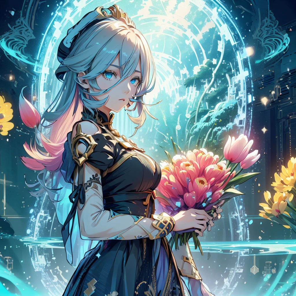 The image shows an illustrated character standing in a vibrant and colorful garden, full of big tulips. The character wears a dress made with gold decorations and a high collar, decorated with a floral design on the shoulder. In the background, you can see a castle under a starry sky, suggesting a fantasy setting (((masterpiece))), (((best quality))), ((ultra-detailed)), (illustration), (detailed light),((an extremely delicate and Beautiful)),(beautiful detailed eyes),