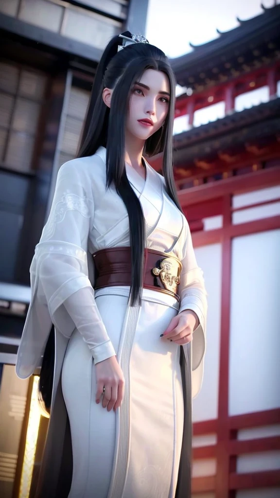 1 Girl, architecture学, Black Hair, Brown eyes, architecture, City, City lights, Cityscape, east asian architecture学, Japanese clothes, kimono, Long hair, Looking at the audience, night, Red lips, Skyscraper, Solitary, Upper Body