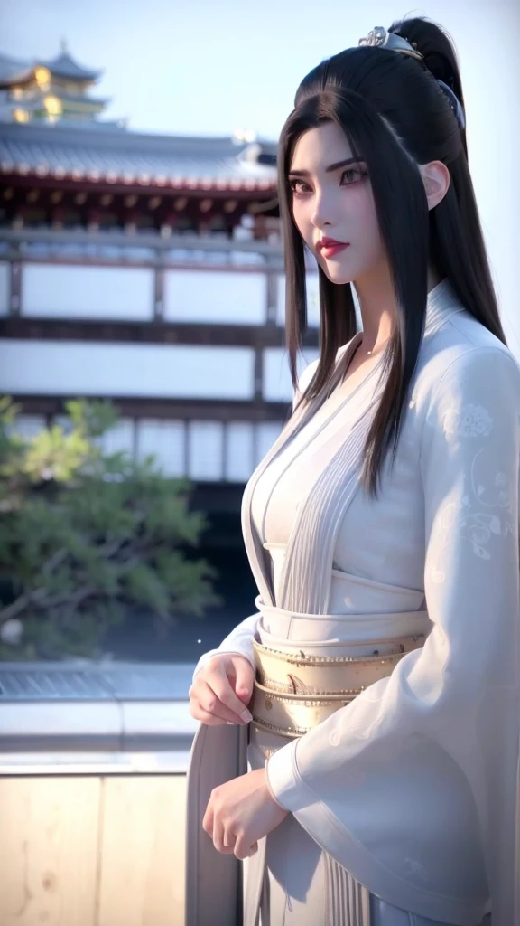 1 Girl, architecture学, Black Hair, Brown eyes, architecture, City, City lights, Cityscape, east asian architecture学, Japanese clothes, kimono, Long hair, Looking at the audience, night, Red lips, Skyscraper, Solitary, Upper Body