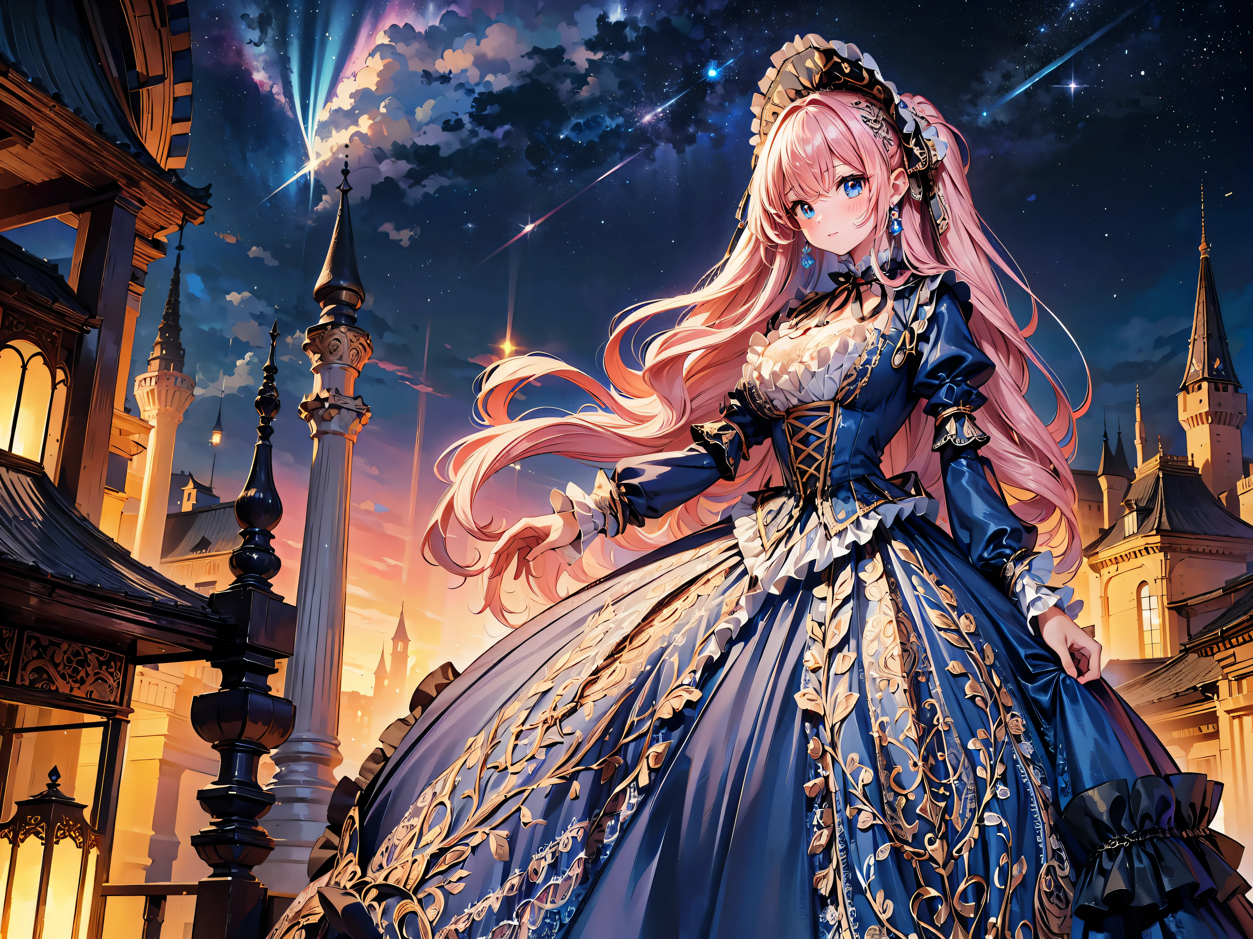 ((Superbly detailed drawing, ultra detailed, exquisite quality, absolutely resolution)), (((young face solo princess))), (((Unsurpassed gorgeous rococo victorian gown with voluminous huge hoopskirt and long hems, princess style skirt:1.5))), ((transparency gown, fluffy and full of pleats skirt:1.3)), (Super detailed and intricate exquisite design gown:1.5), ((overwhelming amount many ruffles with ribbons with intricate lace with Super detailed and intricate embroidery gown:1.9)), ((huge breasts, breasts cleavage)), (ponytail, fluffy long Expressive, hair pink hair), super voluminous long hair, hair ornament tiara, happy smile, (((curtsey:2))), (blurry background, depth of field:1.35), super detailed skin, super delicate and beautiful face, (eyes blue eyes), (backlighting, particle effect, caustics), (((sharp focus))), ((fantasy castle, night sky)), (magnificent panorama view, dynamic angle:1.3),