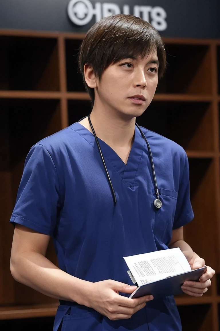 male, alone, short hair, (male性看護師), Short sleeve, (Medical scrub), Blues Club, Stylish scrubs, blue outfit, Nameplate, Stethoscope, (hospital), Professional Attitude, Smart Watches,