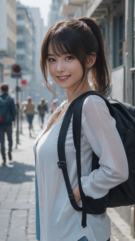 Fashion Style, masterpiece, Highest quality, 8k, Art Station, Sharp focus, (Ultra-realistic:1.5), (Attention to detail:1.4), Raw photo of a young woman, Smiling on the street, Backpack, ponytail, Faded, Complicated stuff, Complex background, Soaking wet, (Cinematic:1.4),