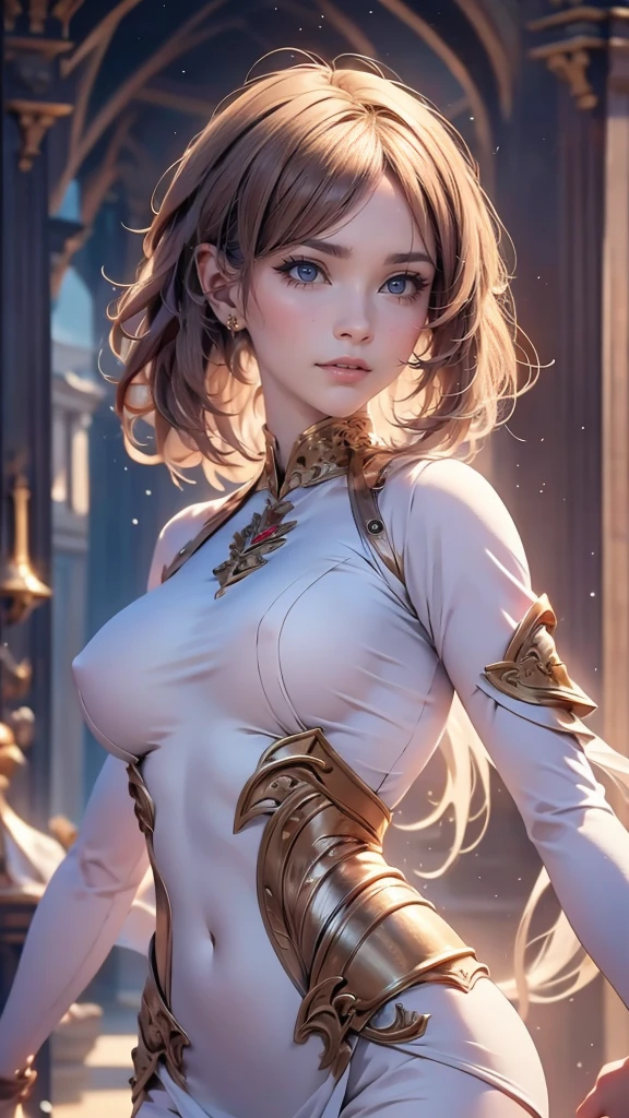 randome pose,from below,(Cinematic scene,Fantasy Art,Highest image quality,Hyperrealism portrait,(8K),Ultra-realistic,Best Quality,High quality,High Definition,high quality texture,high detailing,Beautiful detailed,fine detailed,extremely details CG,Detailed texture,realistic representation of face,masterpiece,presence,Dynamic,Bold),Ultra detailed skin,(Curve,Petite),Beautiful breasts,(Large breasts:1.2),pale skin,pointed breast,Erect nipples,short hair,(Ultra Thin hair),(Ultra Soft hair),(Ultra straight hair),Swept long bangs,Extra bright coppery amber hair,Hair over one eye,(clothed:1.5),