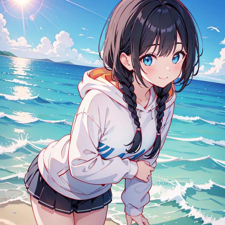 Black Hair Girl,Braiding,Looking up at the sky,building,whole,Looking down from above,hoodie,柔和なsmile,stare,delicate design, かわいいwater着, young, sound, summer, Ocean, Sandy Beach, water Play, Looks happy, smile, blue sky, Light of the sun, 清water, Bright colors, water&#39;horn, Vivid eyes, boost mood, Soft light and shadow,boat,,Seductive body lines、Face up